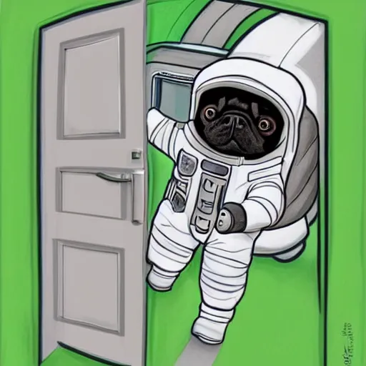 Image similar to gif, high - resolution, pencil art, colorized, extra - detailed, pug astronaut, opening door, in space that leads into the universe