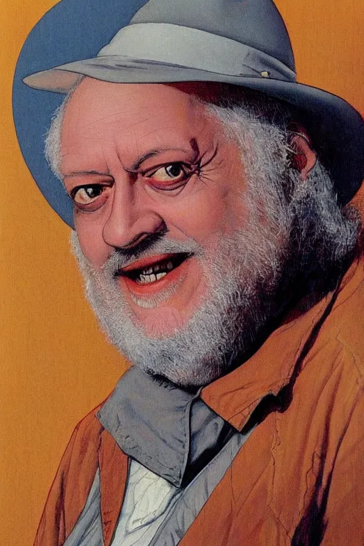 Image similar to an awesome jean giraud portrait of robert anton wilson smirking mischieviously