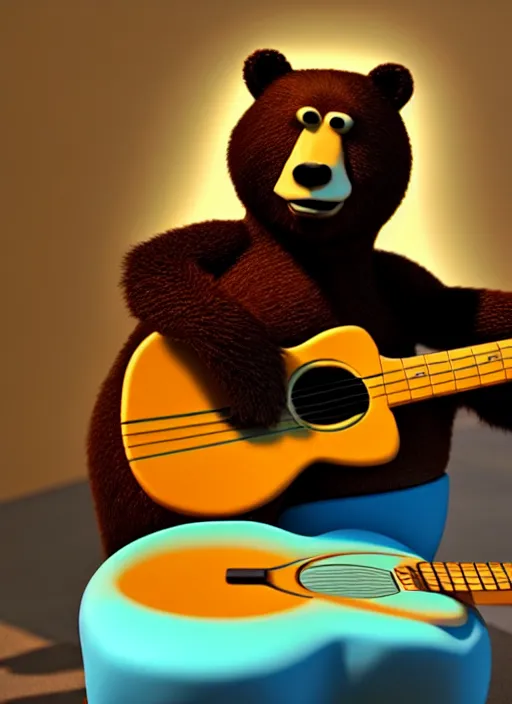 Image similar to Bear playing guitar, pixar, 8k