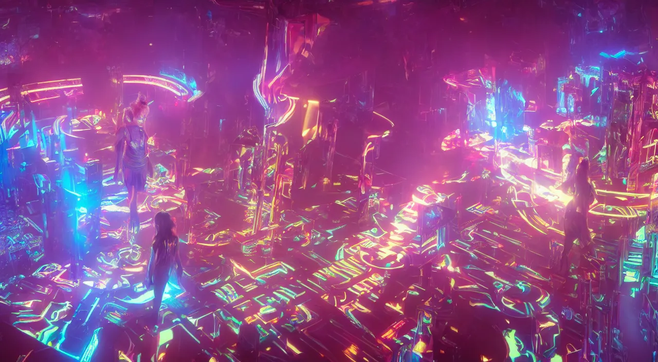 Prompt: cinematic wide shot of Grimes as god in a large room with holographic letters and numbers and soft light rays, trending on artstationHD, 8K