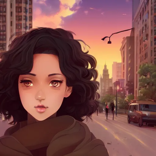 Image similar to a beautiful woman with a soft smile and afro hair , dark brown hair and tan skin, dark brown eyes, city landscape, 4k, anime key visual, lois van baarle, ilya kuvshinov, rossdraws, artstation