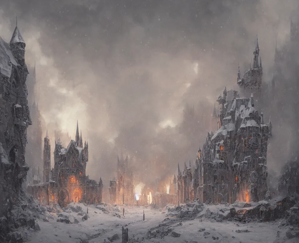 Prompt: Siege of a pipe organ castle in winter, heavy snow storm, fantasy, medieval, fire, explosions and grey smoke here and there, highly detailed, Artstation, oil on canvas painting by greg rutkowski and alan lee