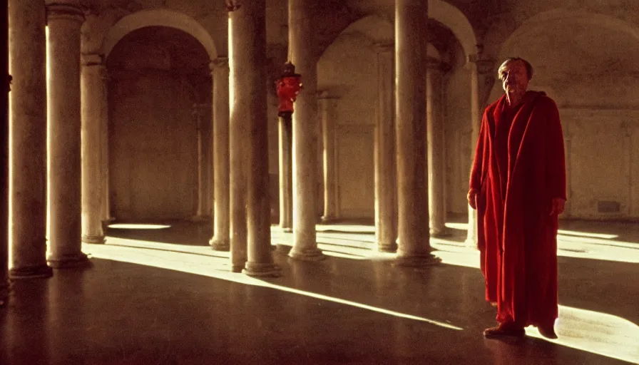 Prompt: 1 9 7 0 s andrei tarkovsky movie still of a man in red drapery in a non euclidian building with columns, by piranesi, panoramic, ultra wide lens, cinematic light, anamorphic