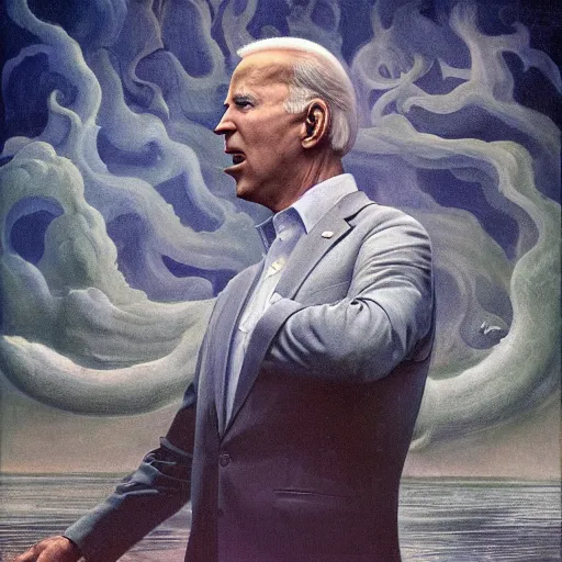 Image similar to terrifying, surreal portrait of joe biden standing up to his shoulders in turbulent, shadowy water by j. c. leyendecker, bosch, william blake, stephen gammell, jon mcnaughton, and beksinski