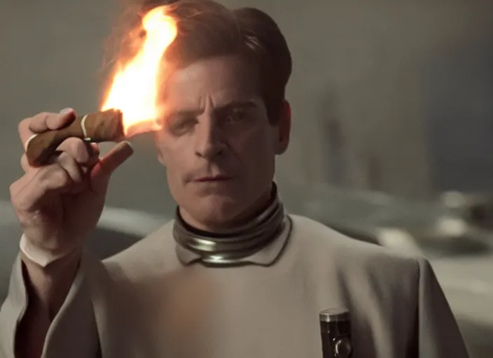 Image similar to film still of bender holding a lit cigar in the new scifi movie, 4 k