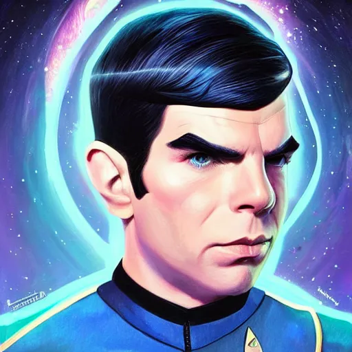 Prompt: : aesthetic portrait commission of badass ZACHARY QUINTO SPOCK pointing a ray gun at the viewer + FUTURISTIC + wearing blue star trek suit + HYPERDETAILED + 2022 award winning painting + character design by charlie bowater + Ross tran + artgerm + makoto shinkai + UPSCALED