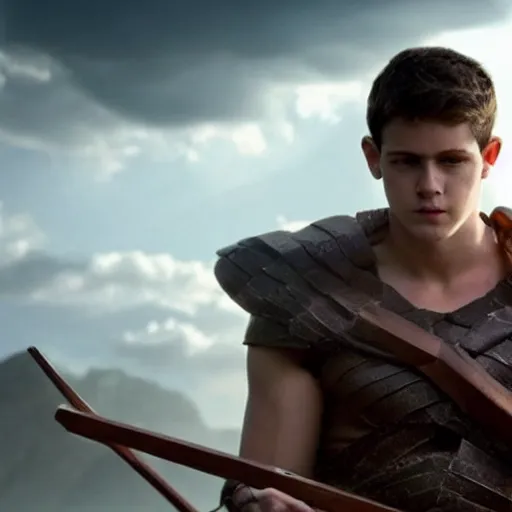 Prompt: handsome 17 year old boy in a Biblical outfit holding a slingshot to fight against the giant Goliath, epic, cinematic lighting, directed by Zack Snyder