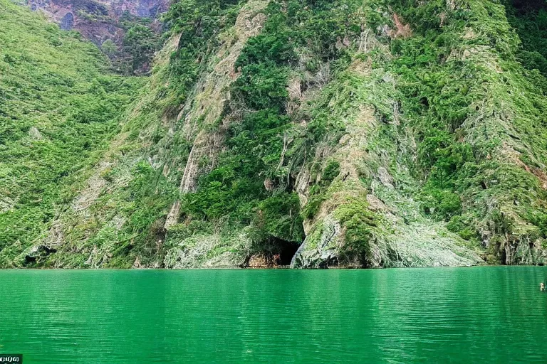 Image similar to an emerald cave inside which is a transparent lake at the bottom of which are sparkling diamonds, and on the shore of the lake are gold nuggets