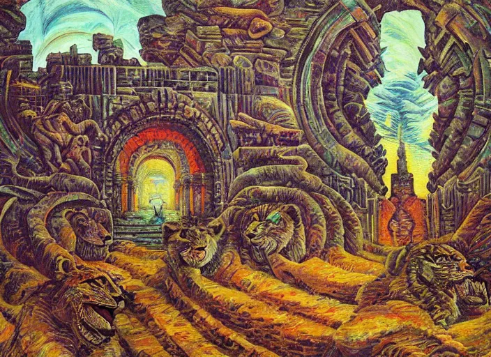 Prompt: “A surreal oil painting of an ancient temple guarded by lions, by Dan Mumford and Umberto Boccioni, open portals, realistic shading, complimentary colors, vivid colors, aesthetically pleasing composition, masterpiece, 4k, 8k, ultra realistic, super realistic”