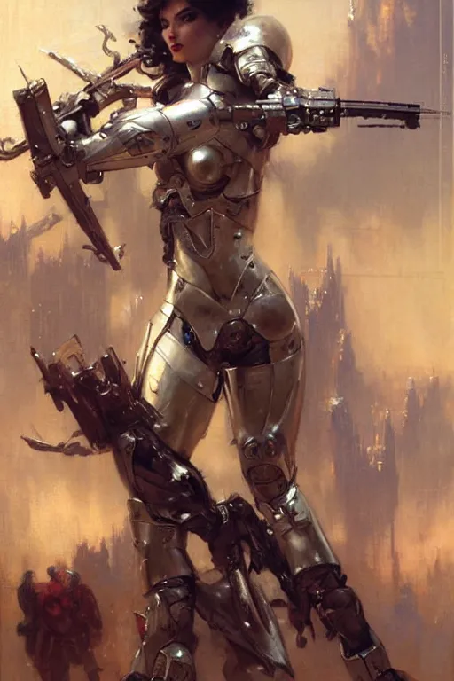 Image similar to futuristic women with medieval armor cyborg fighting dynamic poses, holding a gunsword, detail, beautifull face, no blur, painting by gaston bussiere, craig mullins, greg rutkowski, yoji shinkawa, sorayama