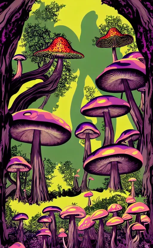 Prompt: psychedelic mushrooms in an enchanted forest with fairies in the trees wide angle shot, white background, vector art, illustration by frank frazetta and salvador dali