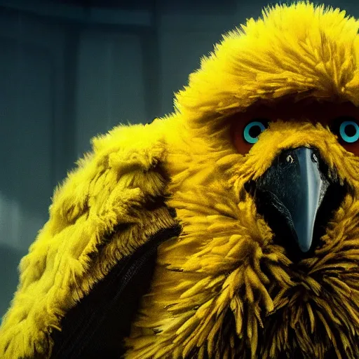 Prompt: A film still of yellow-feathered Big Bird from the movie Blade Runner 2049 (2017), 8K image