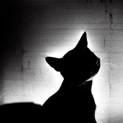Image similar to depiction of the feeling of hopelessness, worthlessness, loneliness, of a cat, sad, frightening, depressing, miserable, stunning, intelligent, stark, vivid, sharp, crisp, ultra ambient occlusion, reflective, universal shadowing, 3 5 mm, ( 2 0 8 6 ) scary horror film still, extremely atmospheric lighting.