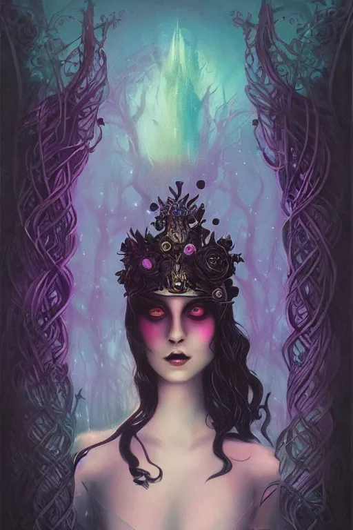 Image similar to jeweled Crown, other worldly, dark fae court, black roses, long black hair, black eyes, vivid colors, art nouveau, by Anato Finnstark, Tom Bagshaw, Brom