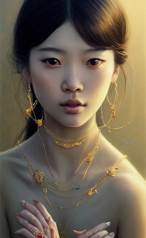 Image similar to a beautiful young charming asian goddess with sundress + jewelry + shinny eyes | | winter, symmetric, realistic shaded, unpleasant face, good looking, fine details, dior, lv, realistic shaded lighting poster by greg rutkowski, macoto takahashi, magali villeneuve, artgerm, jeremy lipkin and michael garmash