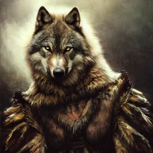 Image similar to half wolf half human hit intricate skin, fur, silicone cover, elegant, peaceful, full body, hyper realistic, extremely detailed, dnd character art portrait, fantasy art, intricate fantasy painting, dramatic lighting, vivid colors, deviant art, artstation, by edgar maxence and caravaggio and michael whelan and delacroix