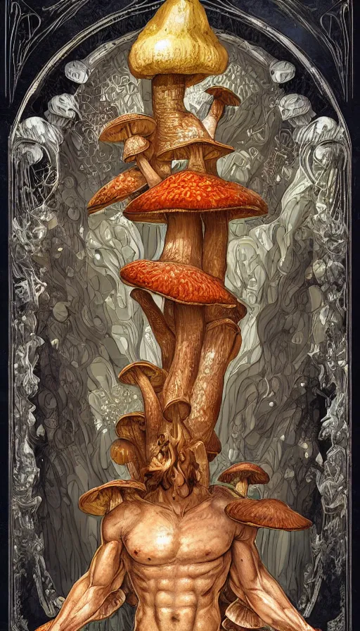 Image similar to a masterpiece hyperdetailed dnd tarot card, magnificent mushroom deity as depicted in a colossal greek marble statue ( with godlike bodybuilder physique ), hd tarot card depicting monumental statue of a mushroom god with cute large mushroom hat, hdr, 8 k, artstationhq, digital art