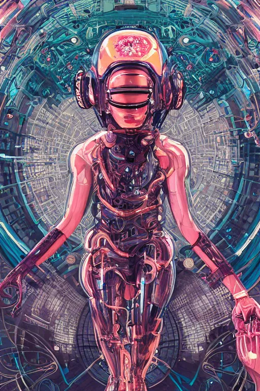 Prompt: a girl in a closed helmet in a shiny biopunk costume consisting of swollen muscles, tendons, metal joints, protruding pistons. masterpiece 4k digital illustration by Sachin Teng, award winning, Artstation, art nouveau aesthetic, black background, intricate details, realistic, panoramic view, Hyperdetailed, 8k resolution, intricate art nouveau