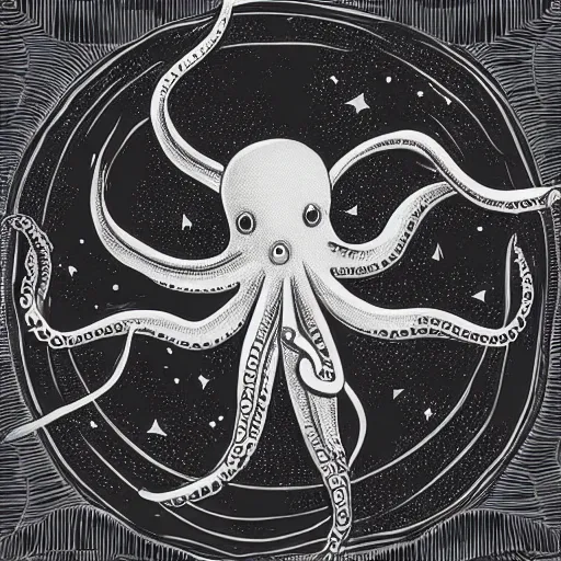 Prompt: relaxed octopus on moon, black and white, copper engraving, stars