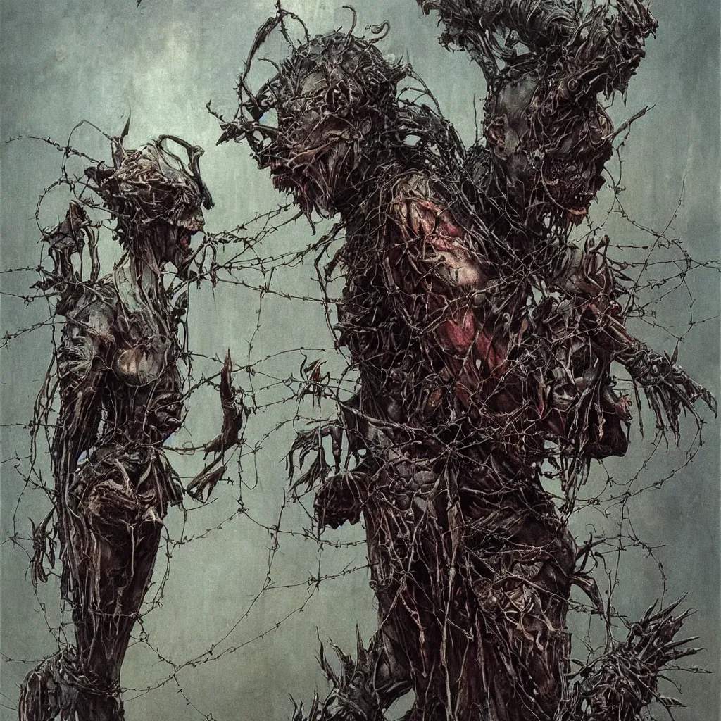 Image similar to A creepy armored horned fanged demon woman with blue scarred skin wrapped in barbed wire. Extremely high detail, realistic, fantasy art, solo, bones, textured, masterpiece, saturated colors, intricate ominous visionary concept art tangled, ripped flesh, art by Zdzisław Beksiński, Arthur Rackham, Dariusz Zawadzki