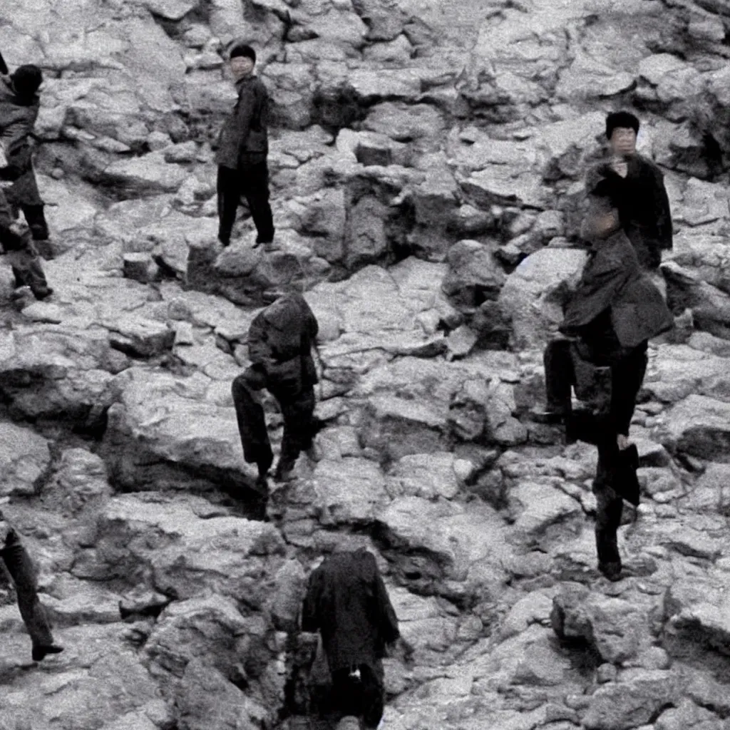 Prompt: low resolution filmstill of a north Korean thriller in the style of Akira Kurosawa