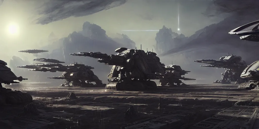 Image similar to hyper realistic sci - fi matte concept art painting of epic cinematic battle between a variety of mechwarriors fighting on mercury with solar panels in background, brightly lit!, beautiful details, strong composition painted by kim jung guweta studio rutkowski, james gurney and greg rutkowski, and lucasfilm, smooth, intricate, detailed, sharp focus, cinematic