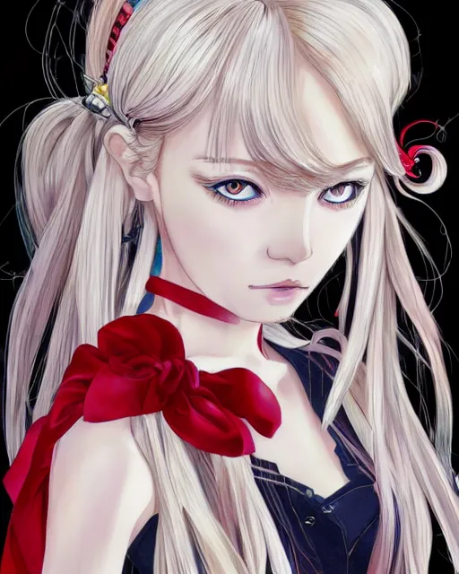 Prompt: illustration of a blonde twintails hair with ribbons anime girl with red eyes in the style of studio ghibli, ayami kojima, akihiko yoshida and 90's anime