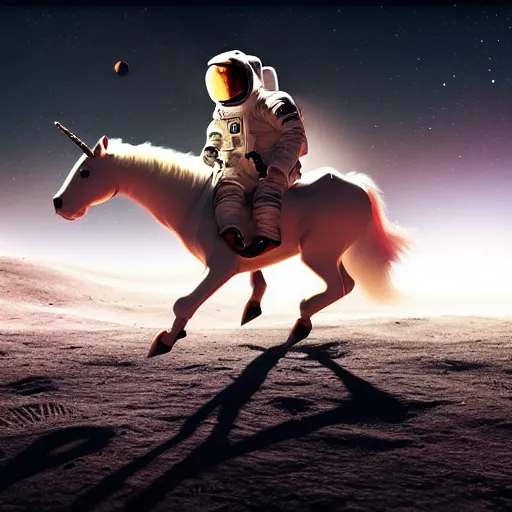 Image similar to astronaut riding a unicorn on the moon, hyperrealistic masterpiece, trending on artstation, cgsociety, kodakchrome, golden ratio, cinematic, composition, beautiful lighting, hyper detailed, octane render, 4 k, unreal engine