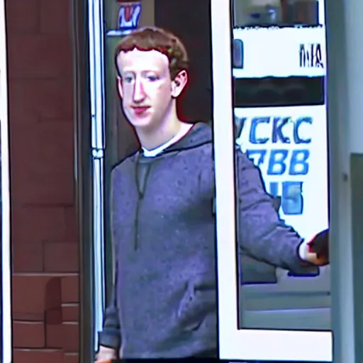 Image similar to cctv footage of mark zuckerberg robbing a convenient store with a shotgun