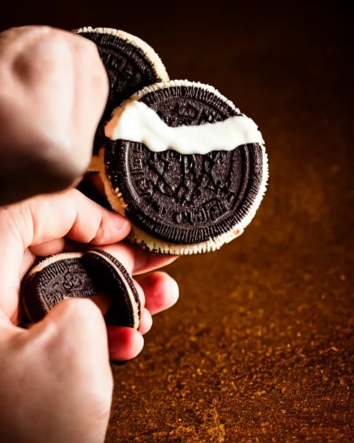 Prompt: dlsr food photograph of a hand dipping an oreo in beer, bokeh, studio lighting, 5 0 mm f 1. 4