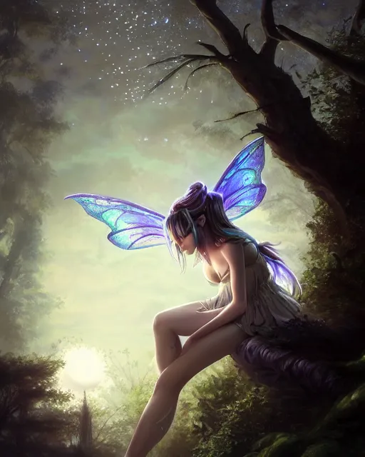 Image similar to attractive fairy goddness fly high in the night, d & d, fantasy, mist, full moon in background, trees, hyper detailed, art by artgerm and greg rutkowski and magali villeneuve, midium shot, 8 k realistic, cryengine, digital painting, trending on artstation, concept art, sharp focus, illustration,