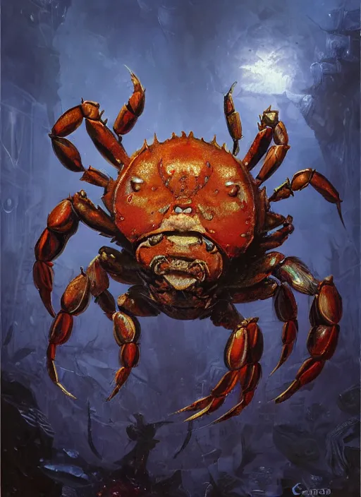 Image similar to Oil painting of a crab monster, portrait, D&D, Magic The Gathering, by Craig Mullins, Nekro, Victo Ngai, centered, symmetrical, 8k, sharp focus