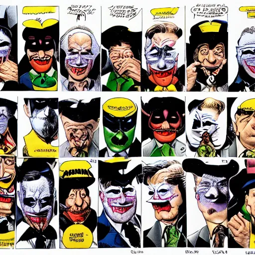 Image similar to drawing of 1 4 tiny jokers all in the mouth of gotham city's finest investigative reporter, 4 k art by brian bolland, graphic novel art