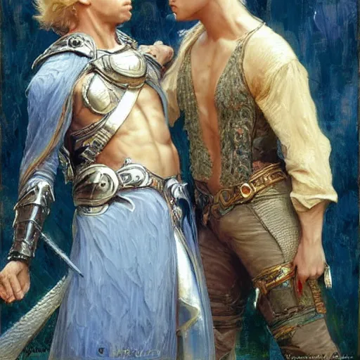 Image similar to attractive male, blond hair arthur pendragon confesses his love to attractive male dark harried merlin. highly detailed painting by gaston bussiere, craig mullins, j. c. leyendecker 8 k