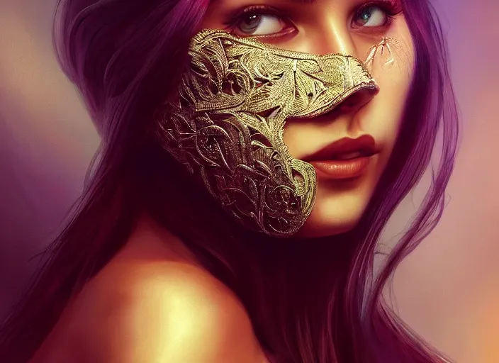 Image similar to masked, perfectly-centered-Portrait of the most beautiful woman on the planet , intricate, highly detailed, artstation, concept art, concept render, octane, redshift, smooth, sharp focus, illustration,award-winning, Unreal Engine 5, 8K, art by artgerm and greg rutkowski and alphonse mucha