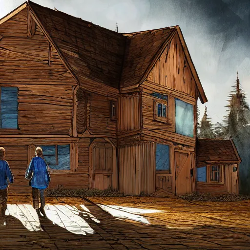 Prompt: concept art of two husbands leave each other inside a big wooden broken house, wide angle, 4K highly detailed