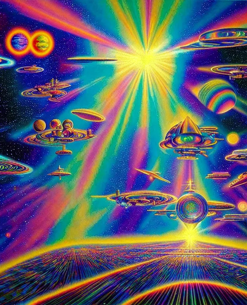 Image similar to a beautiful colorful iridescent holographic future for humanity, spiritual science, divinity, utopian, heaven on earth by david a. hardy, wpa, public works mural, socialist