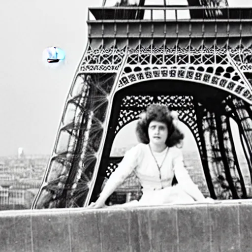 Image similar to a young edwardian woman sits in a window overlooking paris with the eiffel tower visible in the background, the moon is behind the eiffel tower