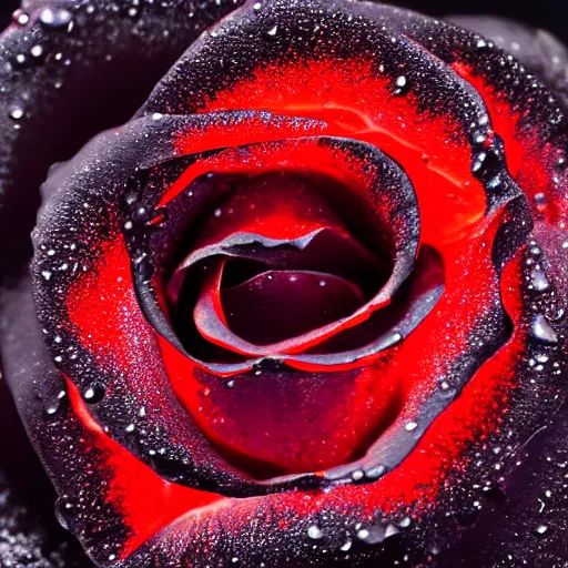 Image similar to award - winning macro of a beautiful black rose made of glowing molten magma