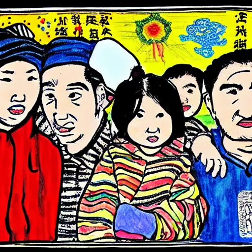 Image similar to a uyghur family in a prison, in the style of daniel johnston and outsider art, 4k, overlaid with chinese text