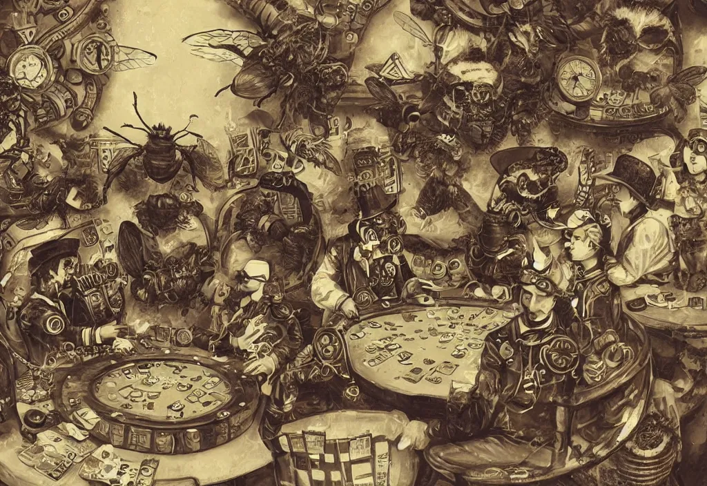 Image similar to photograph of steampunk bees playing poker