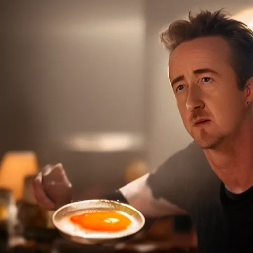 Image similar to an egg frying in a pan with edward norton as the yolk, cinematic, dramatic lighting