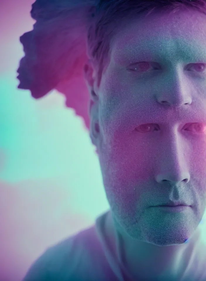 Prompt: high quality pastel coloured film wide angle close up photograph of a beautiful cyborg man in an icelandic black rock!! environment in dreamstate world. three point light. photographic production. art directed. pastel colours. volumetric light. pastel gradient overlay. waves glitch artefacts. extreme facial silliness. 8 k. filmic.