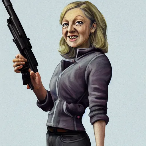 Image similar to painting of liz truss with a gun in racoon city full of zombies, hd, 4 k, 8 k artstation,