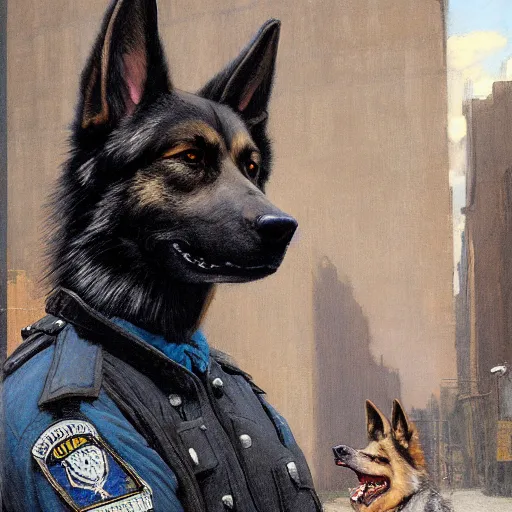 Image similar to new york city portrait of furry anthro anthropomorphic german shepard head animal person fursona wearing clothes nypd traditional police uniform in the alley, sunny day, digital art by Nerdrum John, William Waterhouse, Winslow Homer, Alex Heywood, Jordan Grimmer, Darren Quach, Greg Rutkowski, Simon Stalenhag, trending on Artstation, CGSociety