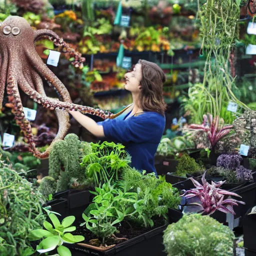 Prompt: an octopus picking out plants at a garden centre, photorealistic