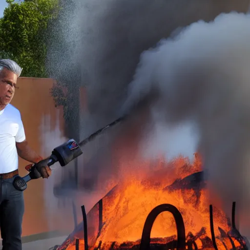 Image similar to Miguel Díaz Canel fighting a giant fire with a extinguisher photorealistic 4K studio photo