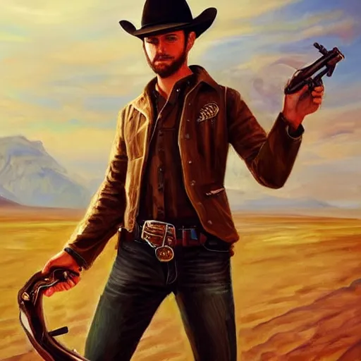 Prompt: modern oil portrait of young charming gunslinger cowboy, holding a pistol and a guitar, fantasy desert background, very very very very very beautiful art, masterpiece, realistic and detailed, artstation