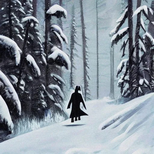 Prompt: Darth Vader walking down a mountain trail while it's snowing, Painting