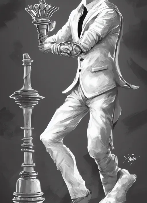 Prompt: a highly detailed illustration of short ginger haired man wearing white suit, dramatic holding chess piece pose, intricate, elegant, highly detailed, centered, digital painting, artstation, concept art, smooth, sharp focus, league of legends concept art, WLOP